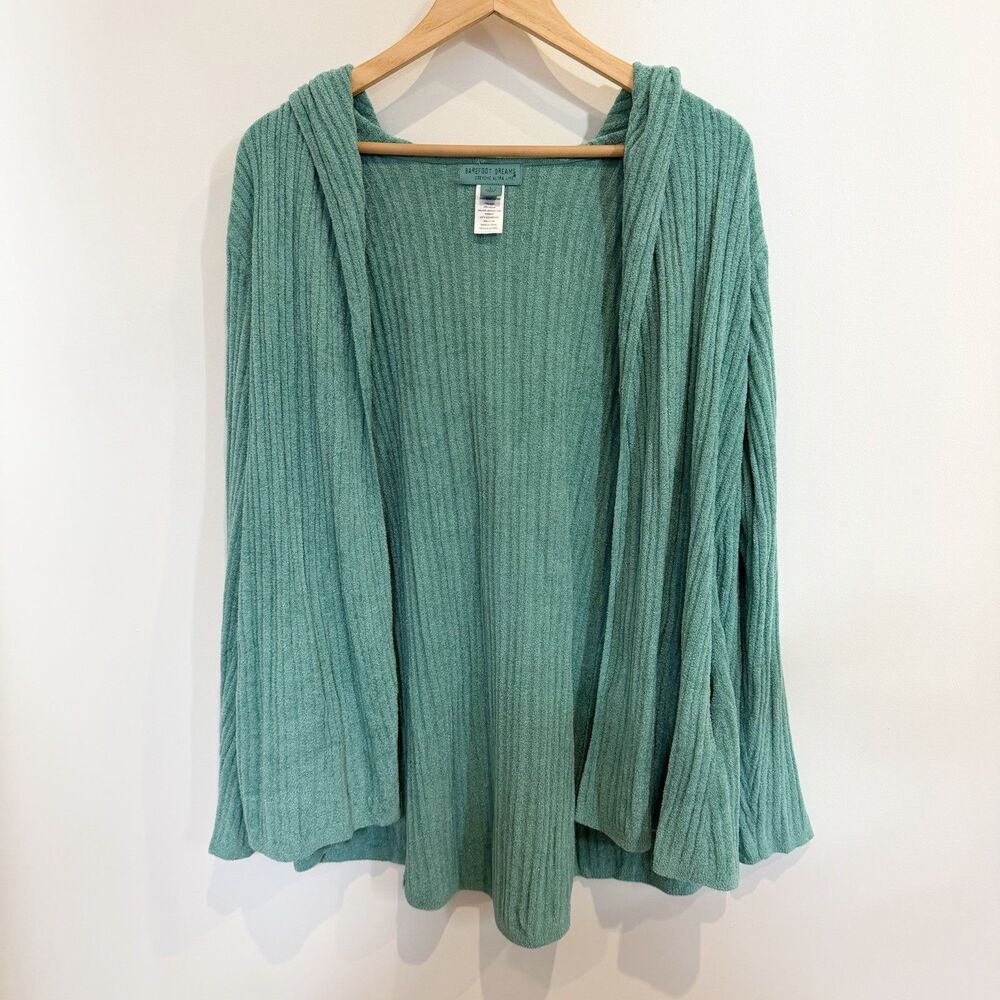 Barefoot Dreams CozyChic Ultra Lite Cardigan Women Large Teal Hooded Ribbed